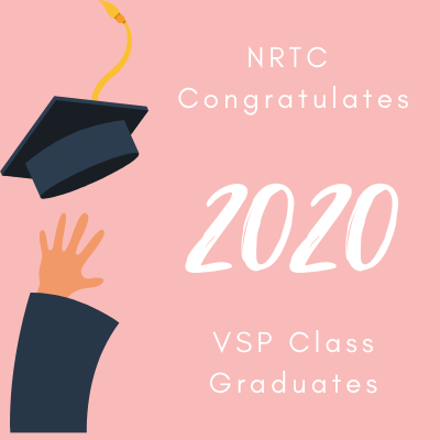 cartoon hand throwing graduation cap; text "NRTC Congratulates 2020 VSP Class Graduates"