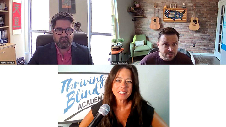 Screenshots of presenters Jonathan Lucus, Ross Barchacky, and Kristin Smedley during the NRTC's webinar Leveraging Your Disability to Find a Job: How to Make Your Blindness or Low Vision a Strength When Job Searching.