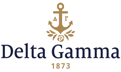 Delta Gamma logo. Features the words "Delta Gamma" in navy blue with a golden anchor at the top and the year 1873 below in gold.