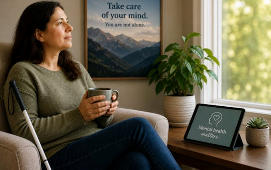 Lady with low vision drinking tea in a mental health waiting room