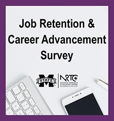 Job Retention & Career Advancement Survey from the NRTC. Image of electronics & pen on a desktop.