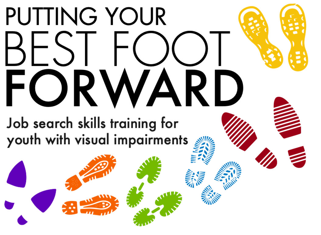 Putting Your Best Foot Forward logo with many colorful shoe prints.