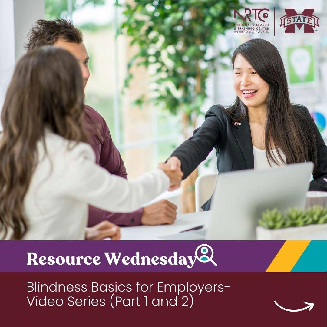 Resource Wednesday graphic that features an image of a woman shaking hands with two people in an office setting.